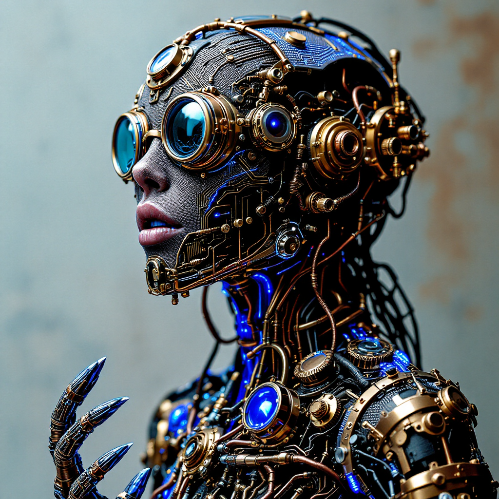 A futuristic humanoid figure with intricate metallic features, wearing goggles and adorned with glowing blue and gold elements, symbolizes resilience and transformation beyond mistakes.