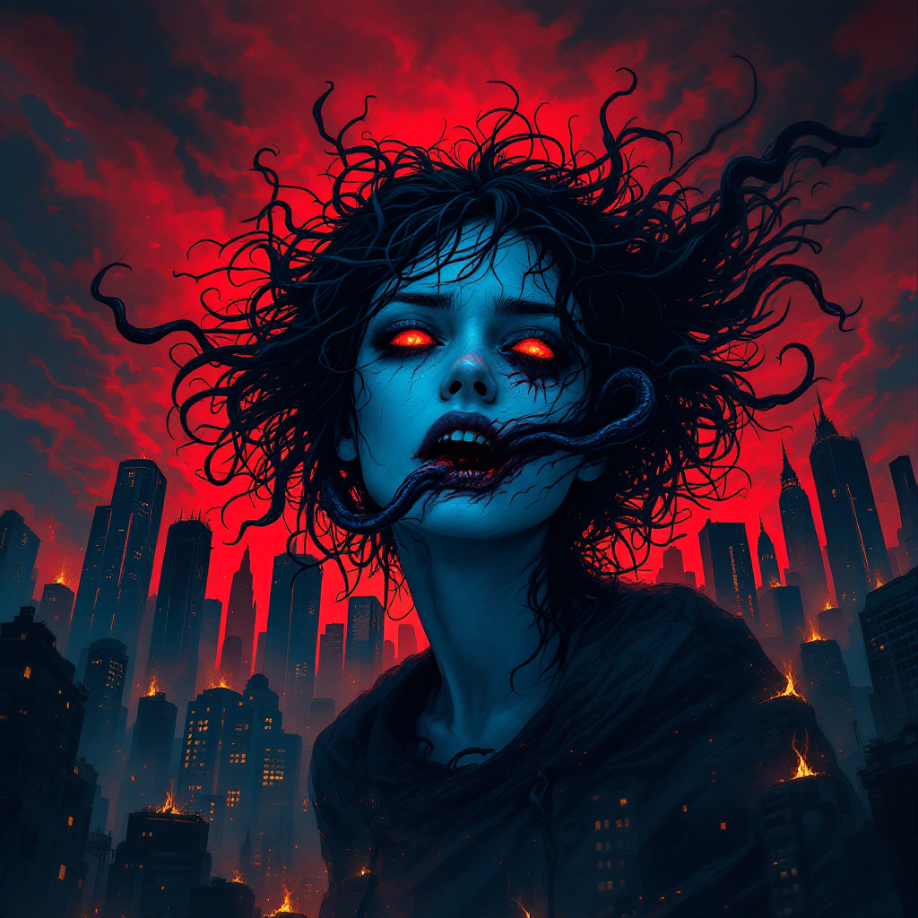 A dark, surreal figure with glowing red eyes and wild hair emerges against a city skyline, embodying the internal struggles of fear and haunting emotions.