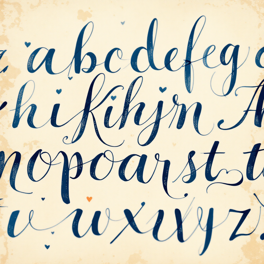 A decorative alphabet featuring elegant, flowing script in blue ink on an aged, textured background, symbolizing the quote: Symbols are the language of the heart.