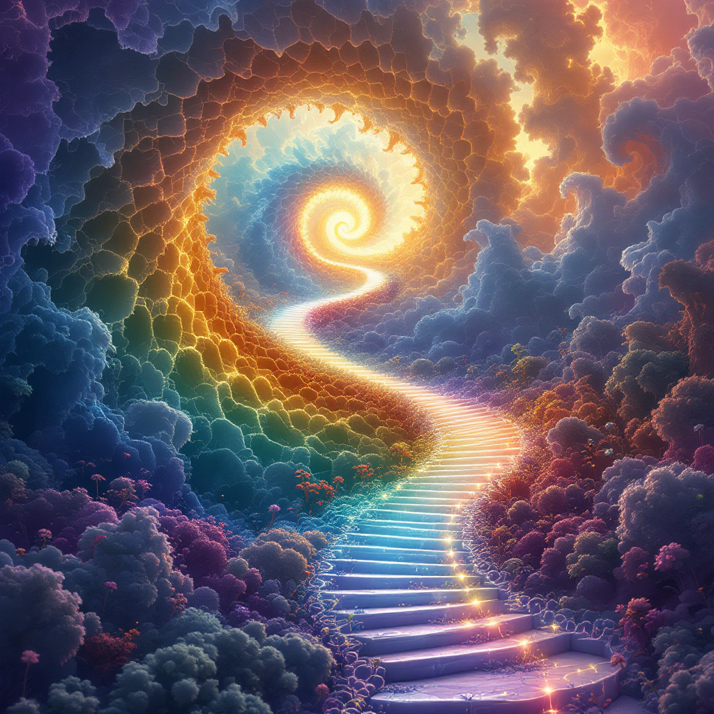 A vibrant, swirling pathway spirals through colorful clouds, symbolizing the paradox of leaving to stay, illuminated by radiant light at its end.