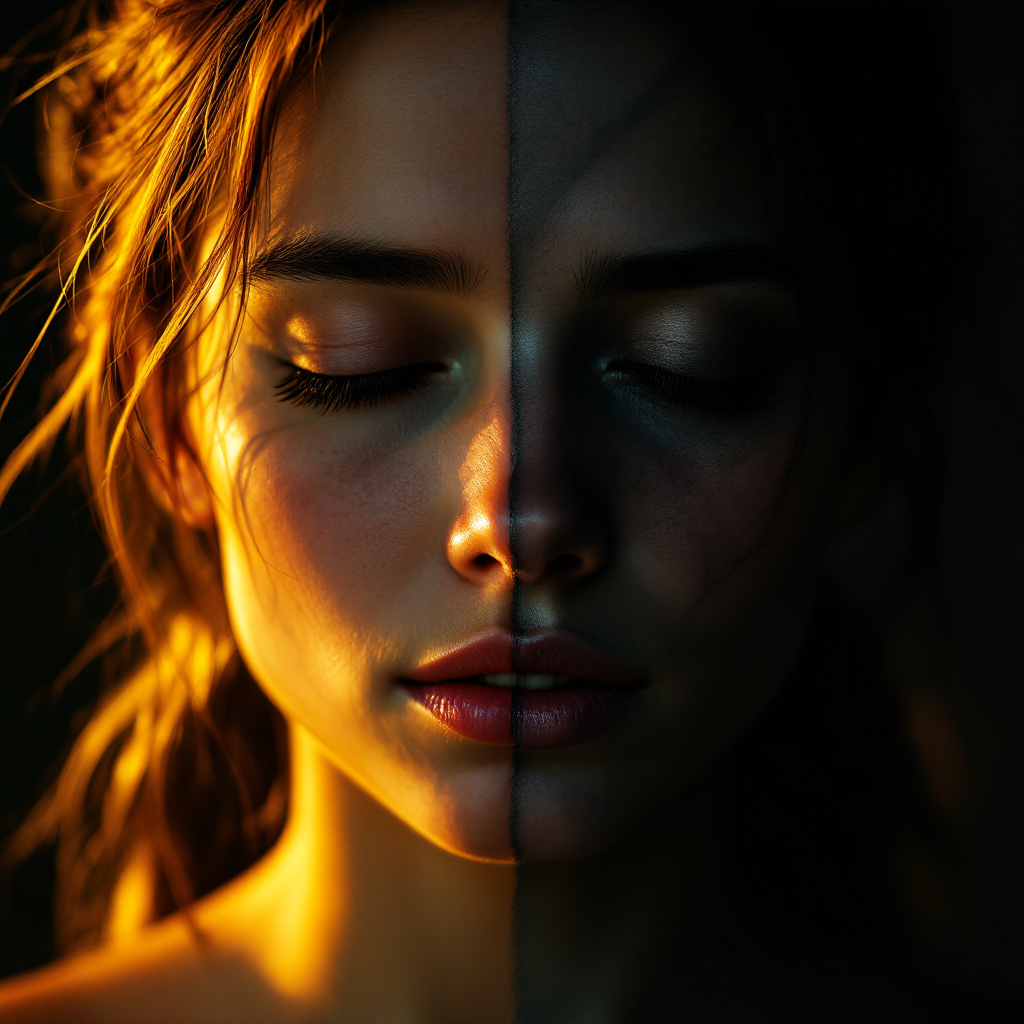 A close-up portrait of a woman's face split between light and shadow, capturing a moment of introspection and emotional conflict, reflecting the struggle to confront hidden feelings.