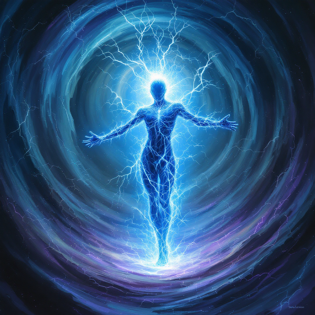 A glowing figure surrounded by swirling electric energy symbolizes the theme of breaking rules to do what's right, embodying transformation and empowerment.