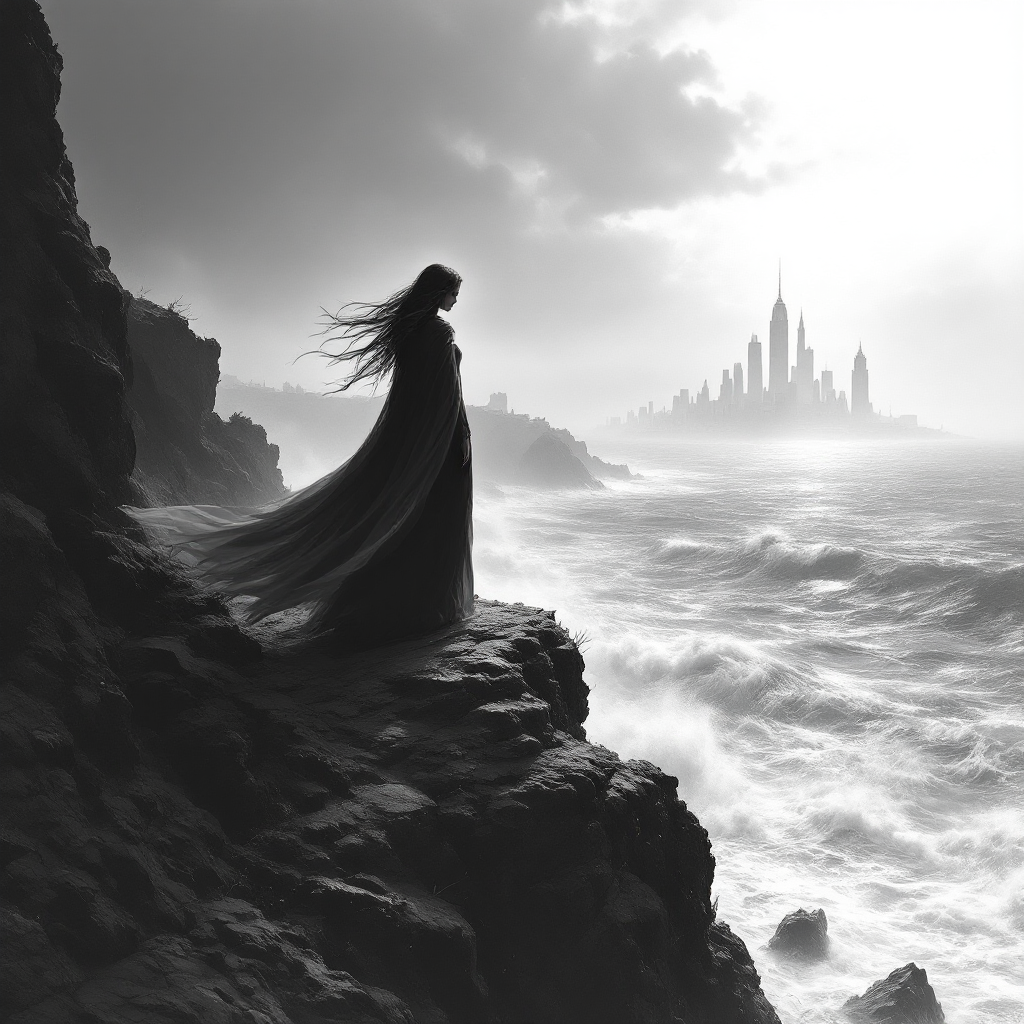 A silhouette of a woman in a flowing black dress stands on a rocky cliff, gazing at a distant, ethereal city amidst turbulent sea waves, embodying the essence of living without illusions.