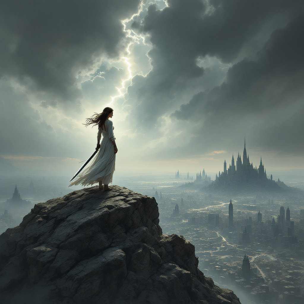 A lone figure in a flowing white dress stands on a rocky ledge, holding a sword, gazing at a distant kingdom under a stormy sky, embodying the struggle for rights and resilience.