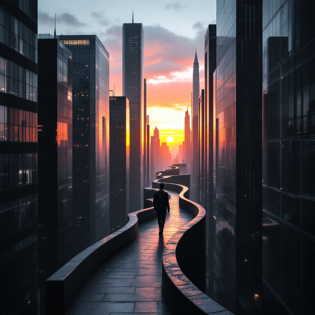 A lone figure walks along a winding path between towering skyscrapers, illuminated by a vibrant sunset, embodying the essence of getting lost to find one's way.