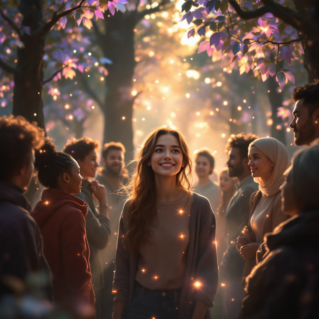 A joyful young woman stands in a sunlit forest surrounded by diverse friends, embodying the essence of connection and community among social beings. Ethereal lights enhance the scene.