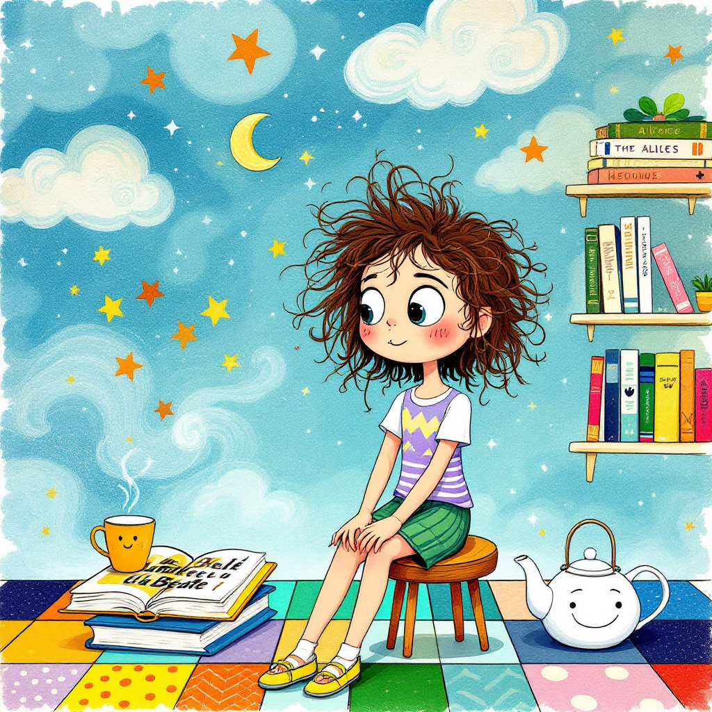 A whimsical scene of a girl with curly hair sitting on a stool, surrounded by colorful books and a teapot, under a dreamy sky filled with stars and clouds, reflecting on the thin boundary between reality and dreams.