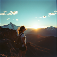 A woman stands on a mountain peak at sunset, gazing into the distance, embodying the spirit of adventure and the call to seek the unknown.