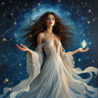 A mystical figure in a flowing gown stands amidst a starry night, holding a glowing crystal, embodying the sentiment: None of this is worth it without you.