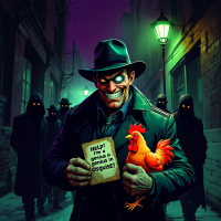 A man in a fedora grins maniacally, holding a chicken and a note saying Help! I'm in a pickle! while shadowy figures lurk behind him, embodying the quote about outsmarting fools.