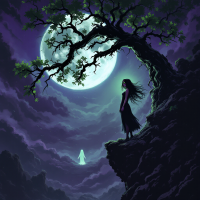 A solitary figure stands on a cliff under a glowing full moon, surrounded by dark clouds and a twisted tree, embodying the dual nature of empathy as a blessing and a curse.