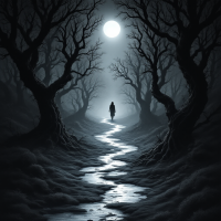 A solitary figure walks along a winding path illuminated by a bright moon, surrounded by dark, twisted trees in an ethereal landscape reminiscent of the magic of Zikola.