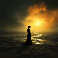 A silhouetted figure in a flowing dress stands on a cracked, barren landscape under a dramatic sunset, embodying the struggle to see and articulate profound realities.