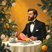 A well-dressed man in a tuxedo sits at an elegantly set table, savoring a meal of ham and oranges, surrounded by lush greenery and flowers, embodying the virtue of intelligent dining.