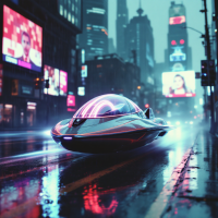 A futuristic, sleek hovercar glides through a rain-soaked urban street, illuminated by vibrant neon lights and large digital billboards, embodying the idea that the future is unevenly distributed.