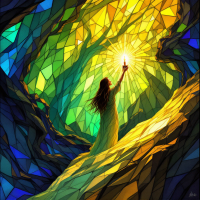 A figure in a flowing dress holds a glowing candle, illuminating a vibrant, jewel-toned landscape. This image embodies the quote's theme of truth as a revolutionary act in times of deceit.