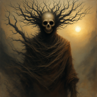 A skeletal figure with gnarled, branch-like hair stands in a shadowy landscape, evoking themes of despair and desperation, reflecting the quote about a half-starved man with nothing to lose.