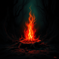 A vibrant flame flickers amidst dark shadows, illuminating its surroundings and symbolizing the illumination of hidden fears in the profound stillness of night.