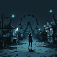 A solitary figure stands in a dark, abandoned carnival, with a Ferris wheel looming in the background and eerie stalls illuminated by dim lights, evoking the theme of confronting fears.