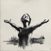 A woman stands with arms outstretched, a joyful expression on her face. The artwork conveys a sense of empowerment and the idea that we are in charge of our own happiness.