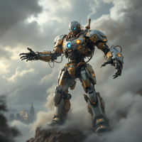 A powerful, futuristic robot stands triumphantly on a rocky peak, surrounded by swirling clouds, symbolizing strength and resilience against the winds of fate.