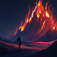 A silhouette of a person stands before a towering mountain engulfed in vibrant flames, symbolizing how our past does not determine our future. The night sky adds a sense of depth and reflection.