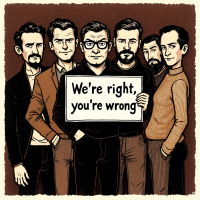 A group of six men stand confidently together, holding a sign that reads, We're right, you're wrong, reflecting the quote about certainty stemming from ignorance.