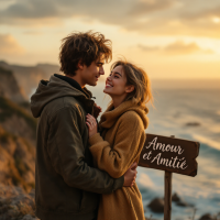 A couple embraces by the sea at sunset, gazing into each other's eyes, while a sign nearby reads Amour et Amitié, embodying the quote about love and friendship's strength.