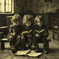 Three disheveled children sit side by side on a bench, absorbed in their books, surrounded by a dimly lit room that hints at forgotten memories and lost identities.