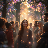 A joyful young woman stands in a sunlit forest surrounded by diverse friends, embodying the essence of connection and community among social beings. Ethereal lights enhance the scene.