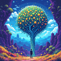 A silhouette of a person stands before a vibrant, oversized tree with glowing orange fruit, set against a mystical landscape under a starry sky, symbolizing humanity's connection to nature.