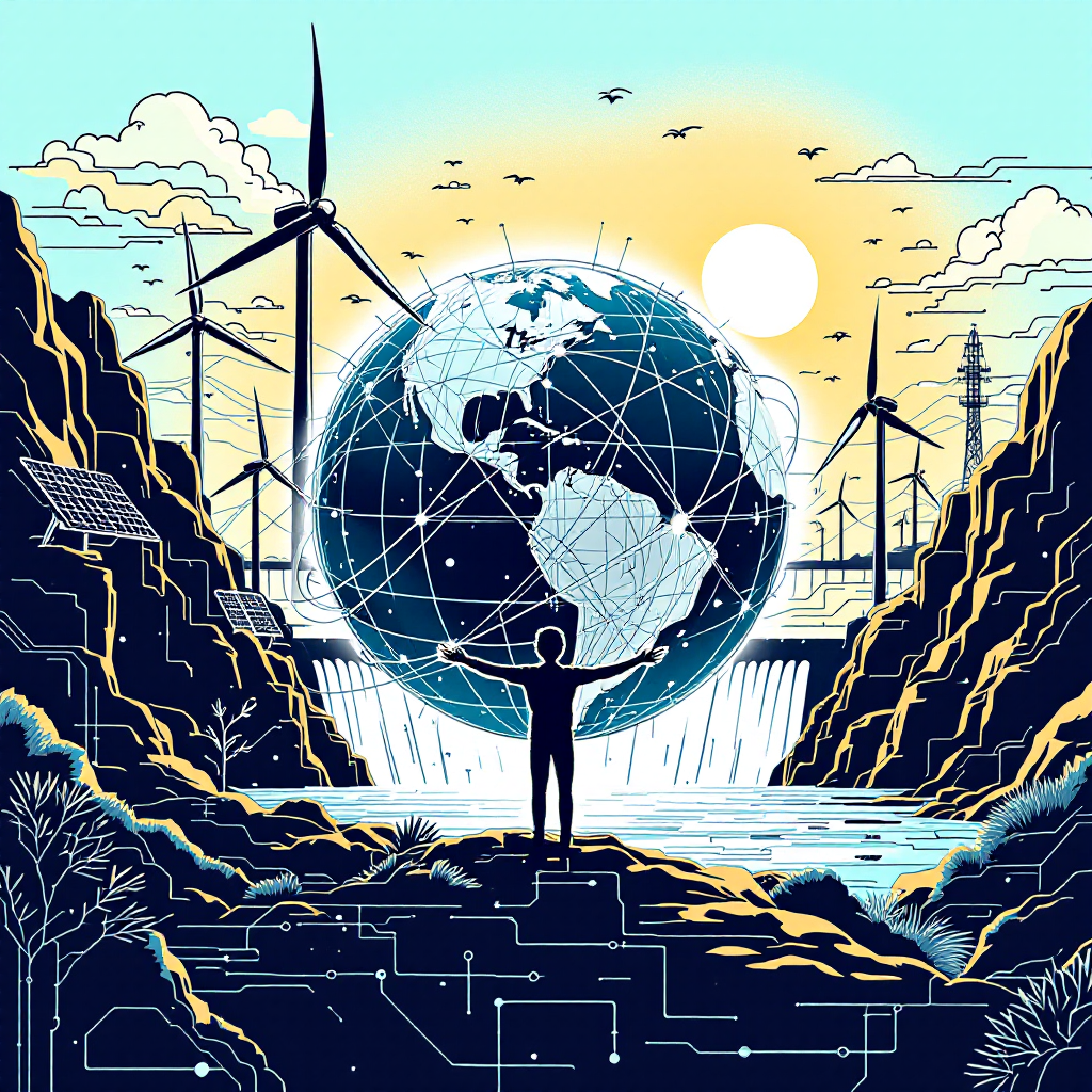 A silhouette of a person stands with arms outstretched before a glowing globe, surrounded by wind turbines and a waterfall, symbolizing the connection between energy sources and a sustainable future.