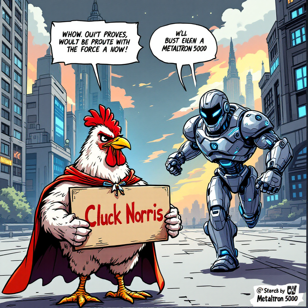 A chicken in a superhero cape holds a Cluck Norris sign while a robotic figure chases it through a futuristic cityscape, reflecting the quote about meat versus technology.