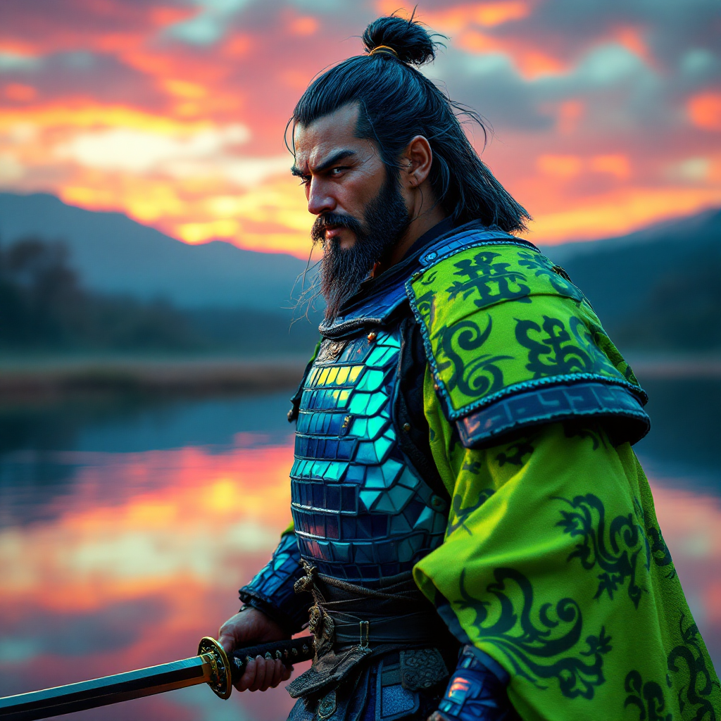 A contemplative warrior stands by a tranquil lake at sunset, embodying the wisdom of knowing when to engage in battle, inspired by the quote on strategy and strength.