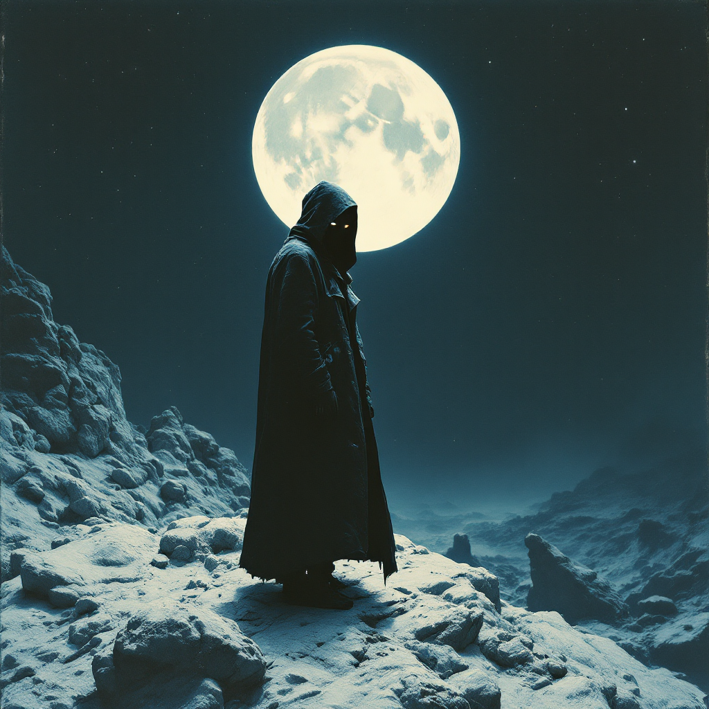 A cloaked figure stands on rocky terrain under a large, glowing moon, embodying resilience and the spirit of fight from the quote, You didn’t come here to die. You came here to fight.