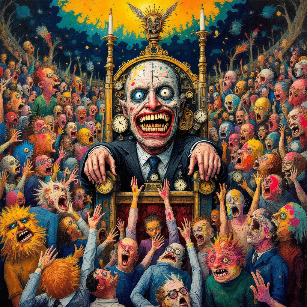 A menacing figure with an exaggerated smile and wide eyes sits in judgment over a chaotic crowd, conveying intense emotion and the weight of final judgment.