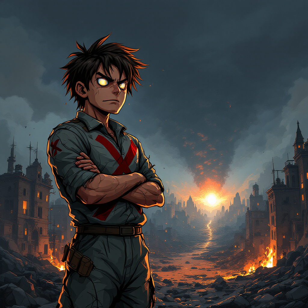 A determined young hero stands confidently amidst a devastated cityscape, embodying the quote, You can't save everyone; it's enough to save just one, as a fiery sunset looms behind.