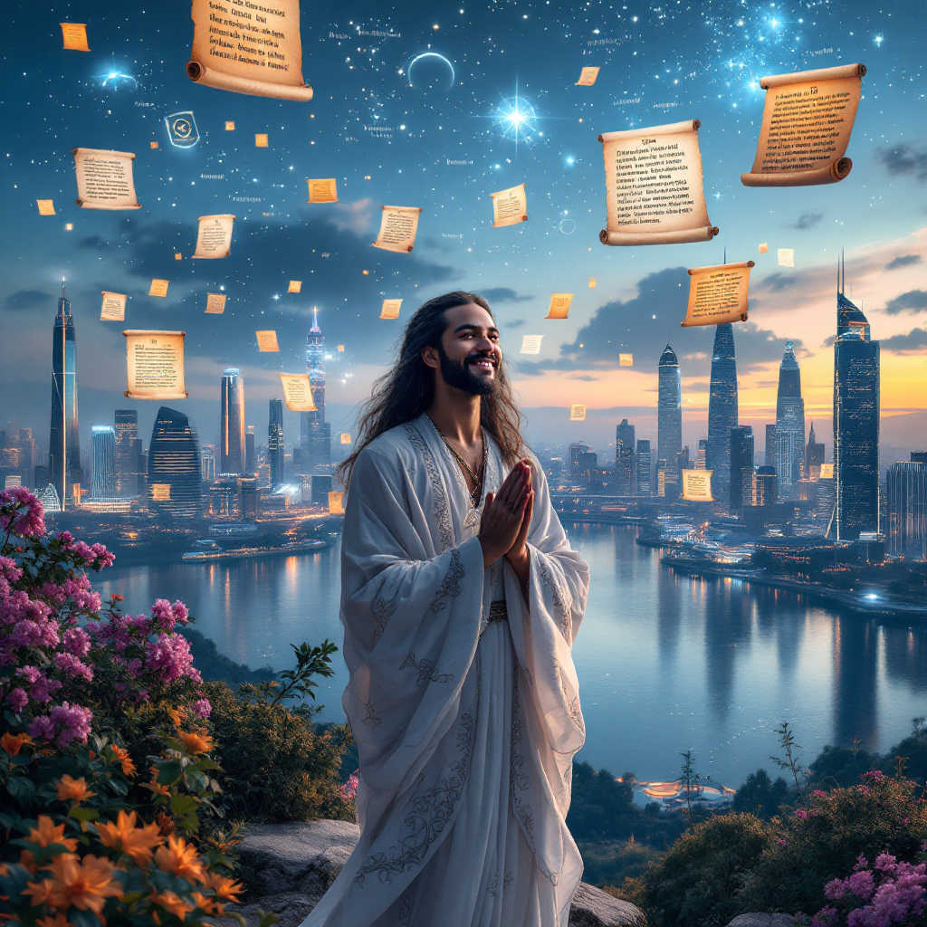 A serene figure in a flowing robe, surrounded by vibrant flowers, gazes up at floating, illuminated scrolls against a backdrop of a shimmering city skyline at dusk, embodying love and compassion.