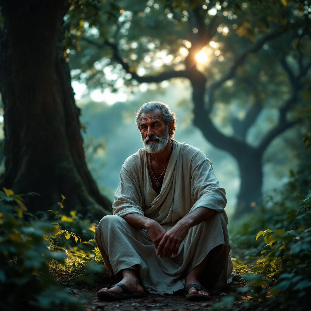 A serene older man sits contemplatively in a lush forest, embodying the wisdom of valuing health and a peaceful state of mind, as soft sunlight filters through the trees.