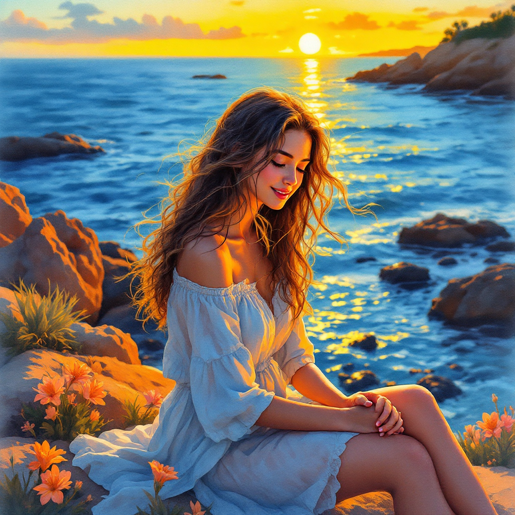 A young woman sits on rocky shore adorned with flowers, gazing thoughtfully at a vibrant sunset over the ocean, embodying the essence of learning and reflection in nature.