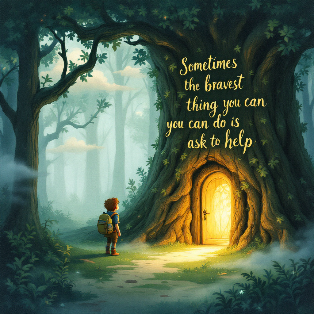 A young child stands at the base of a large, enchanted tree with a glowing door, surrounded by mist. The quote, Sometimes the bravest thing you can do is ask for help, is artistically integrated into the scene.