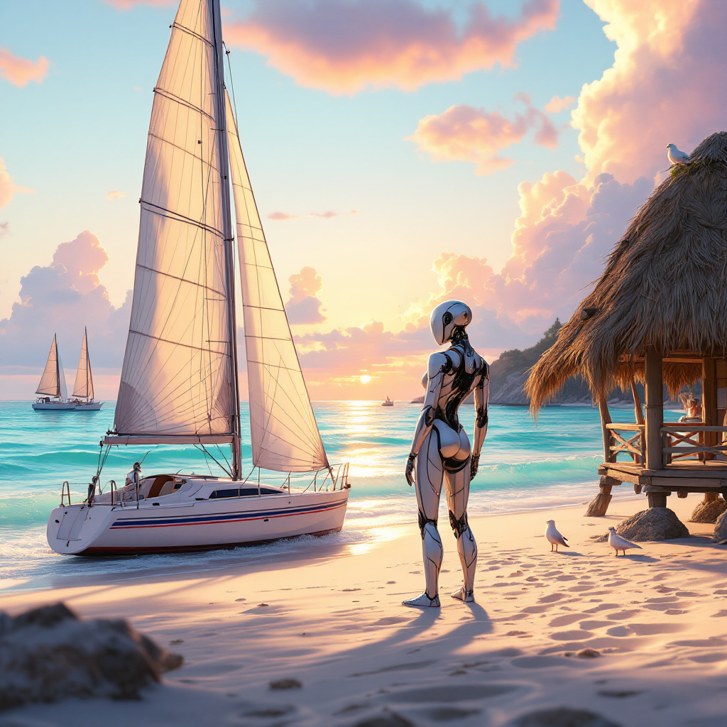 A serene beach scene features a humanoid figure gazing at the ocean, a sailboat in the distance, and a thatched hut nearby, embodying tranquility and connection to nature.