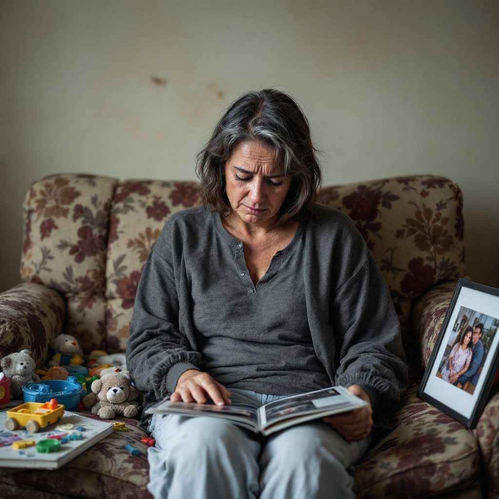 A woman sits on a floral couch, immersed in a photo album, surrounded by children's toys and a family picture, reflecting on the unique perspective of parenthood.