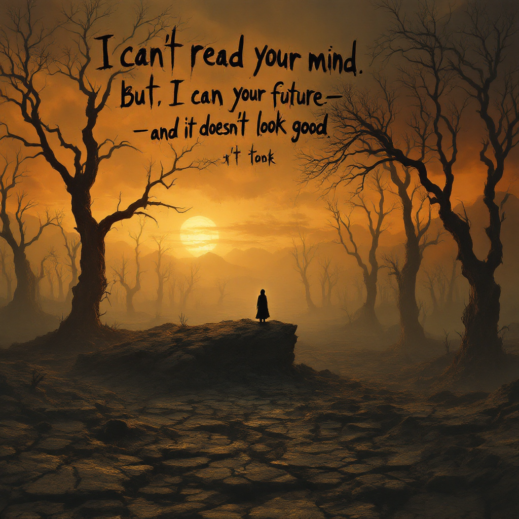 A lone figure stands on rocky ground under a dramatic sunset, surrounded by barren, twisted trees. The quote emphasizes an ominous vision of the future.