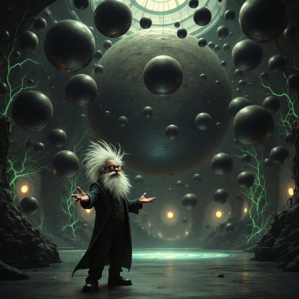 An eccentric figure with wild hair gestures amidst shadowy spherical shapes and glowing energy, illustrating Slartibartfast's realm of planet creation.