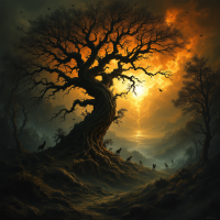 A twisted tree stands against a dramatic sunset, casting long shadows over a desolate landscape. The scene evokes a sense of survival and raw nature's power.