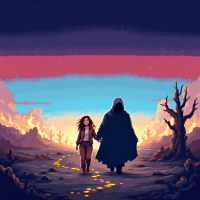 A girl and a cloaked figure walk hand in hand along a glowing path, surrounded by a dramatic landscape, reflecting the quote about the complexity of good and evil.