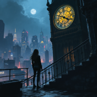 A silhouetted figure stands on eerie stairs, gazing at a large clock under a full moon, with a glowing city skyline in the background, reflecting the theme of past shaping the present.