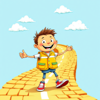 A cheerful boy with brown hair stands on a winding yellow brick road, giving a thumbs up against a blue sky with fluffy clouds, symbolizing the uphill journey of staying on the right path.