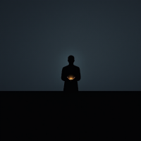 A silhouette of a person stands against a dark background, holding a small glowing light, symbolizing the idea that every light casts a shadow and the duty to illuminate the darkness.